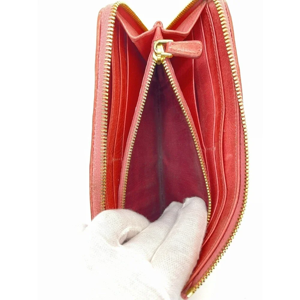 Authentic MIU MIU Logo Gather Leather Zip Around Long Wallet Pink/111